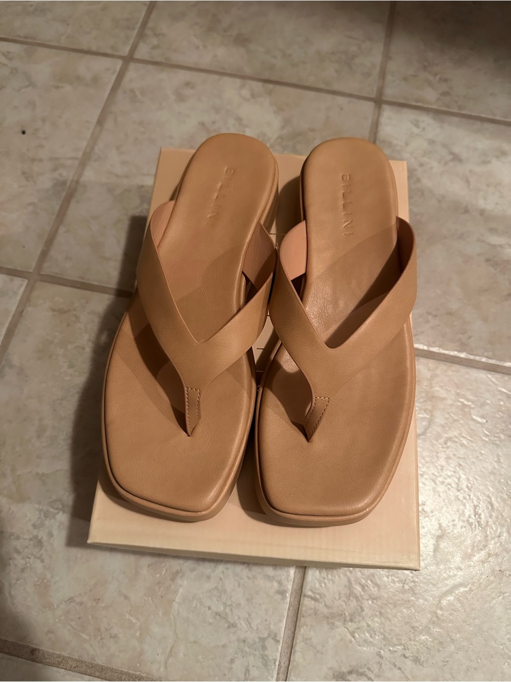 Billini Tan Leather Square-Toe Thong Sandals - Women